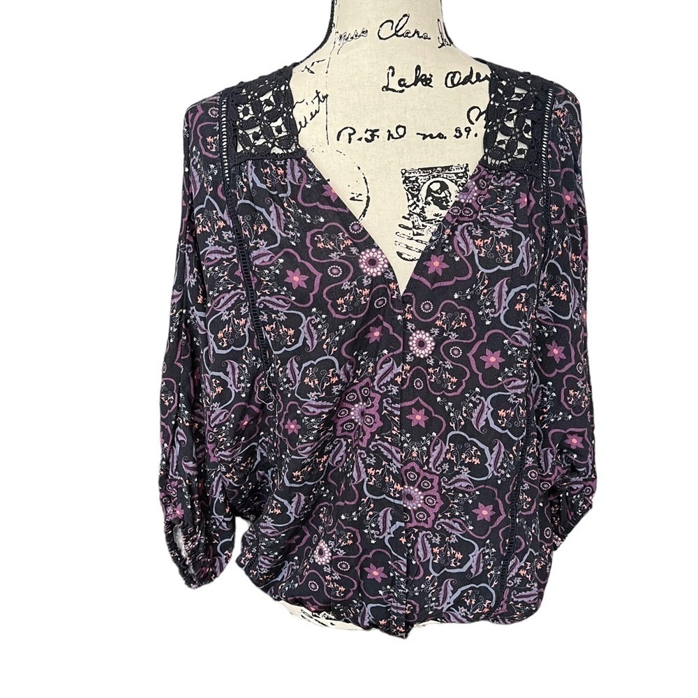 Bloomfield faux wrap v neck top ladies size xl black floral printed